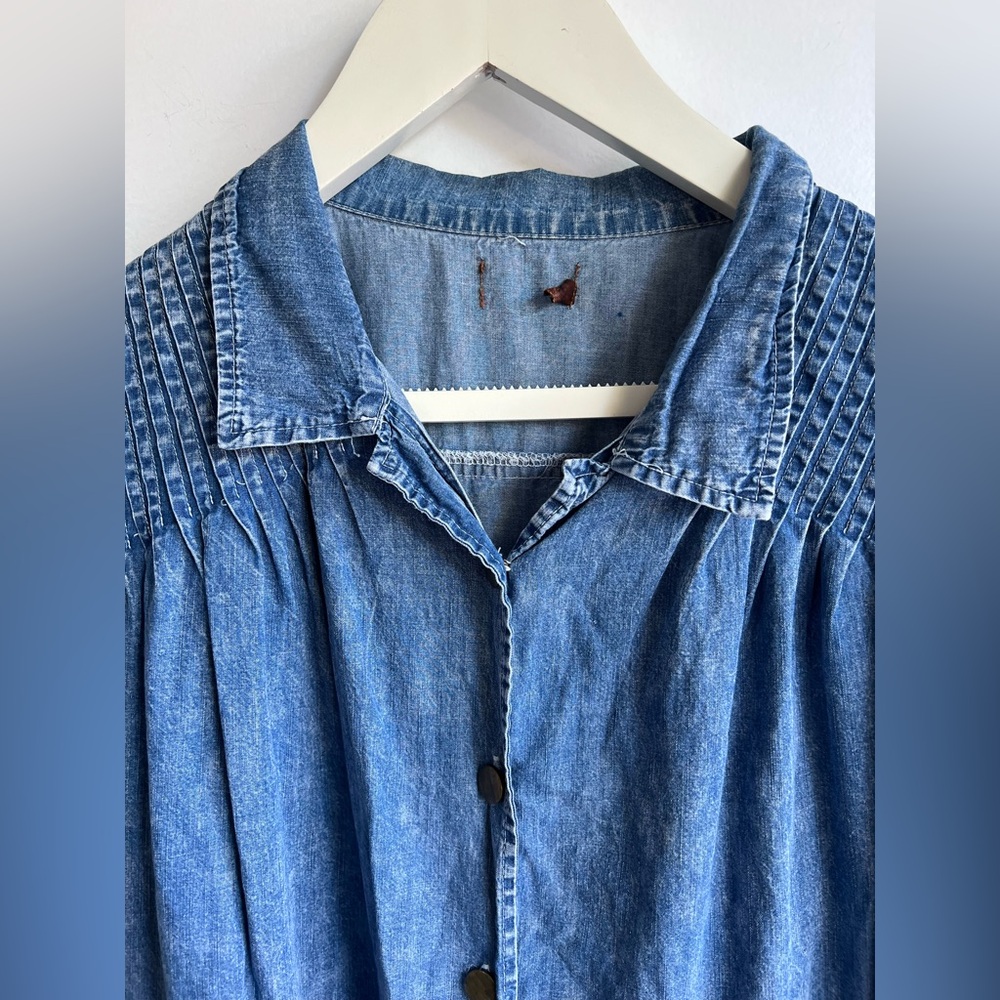 Denim Babydoll Dress Pleated Yoke Button Front Blue Size XL Cotton - Picture 4 of 13